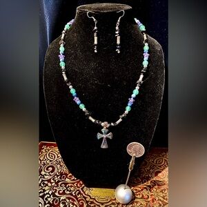 SHOJ Abalone Cross Pendant Necklace with Matching Earrings